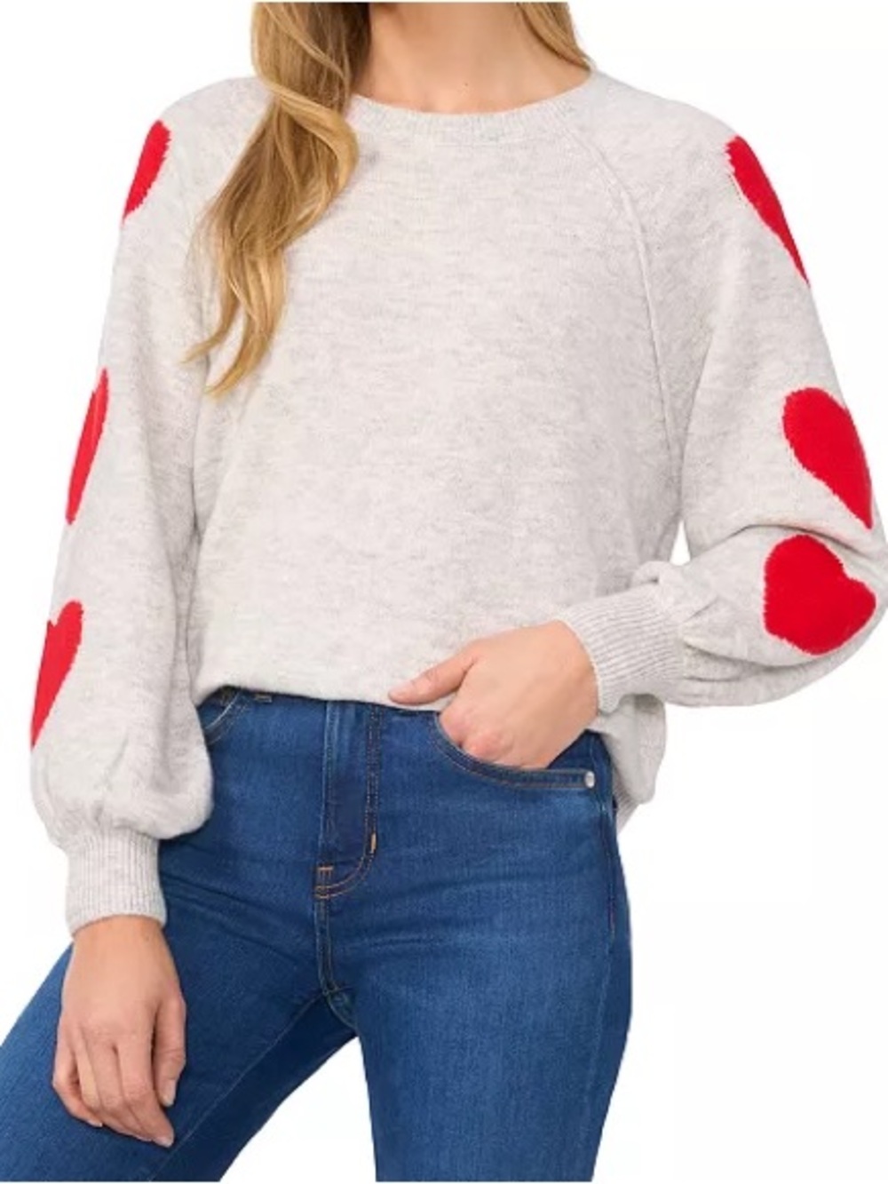 CeCe's Silver Heather Sexy Heart-Print On Raglan Sleeve Crewneck Sweater SzL NWT